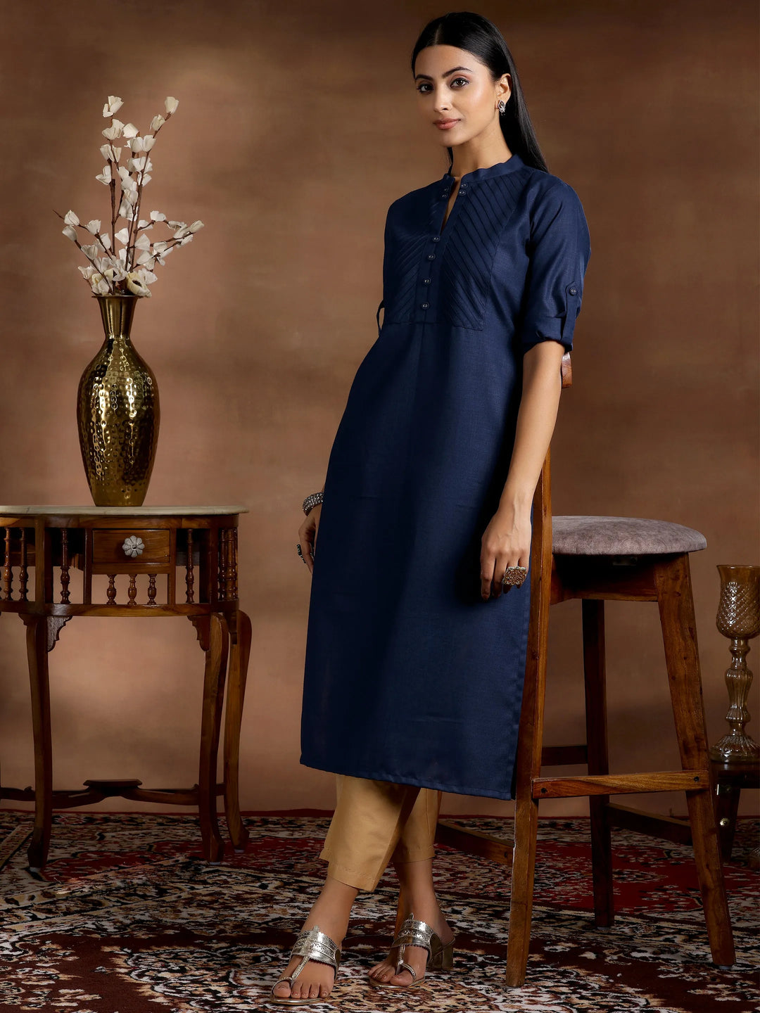  Blue Solid Cotton Blend Straight Kurta 
