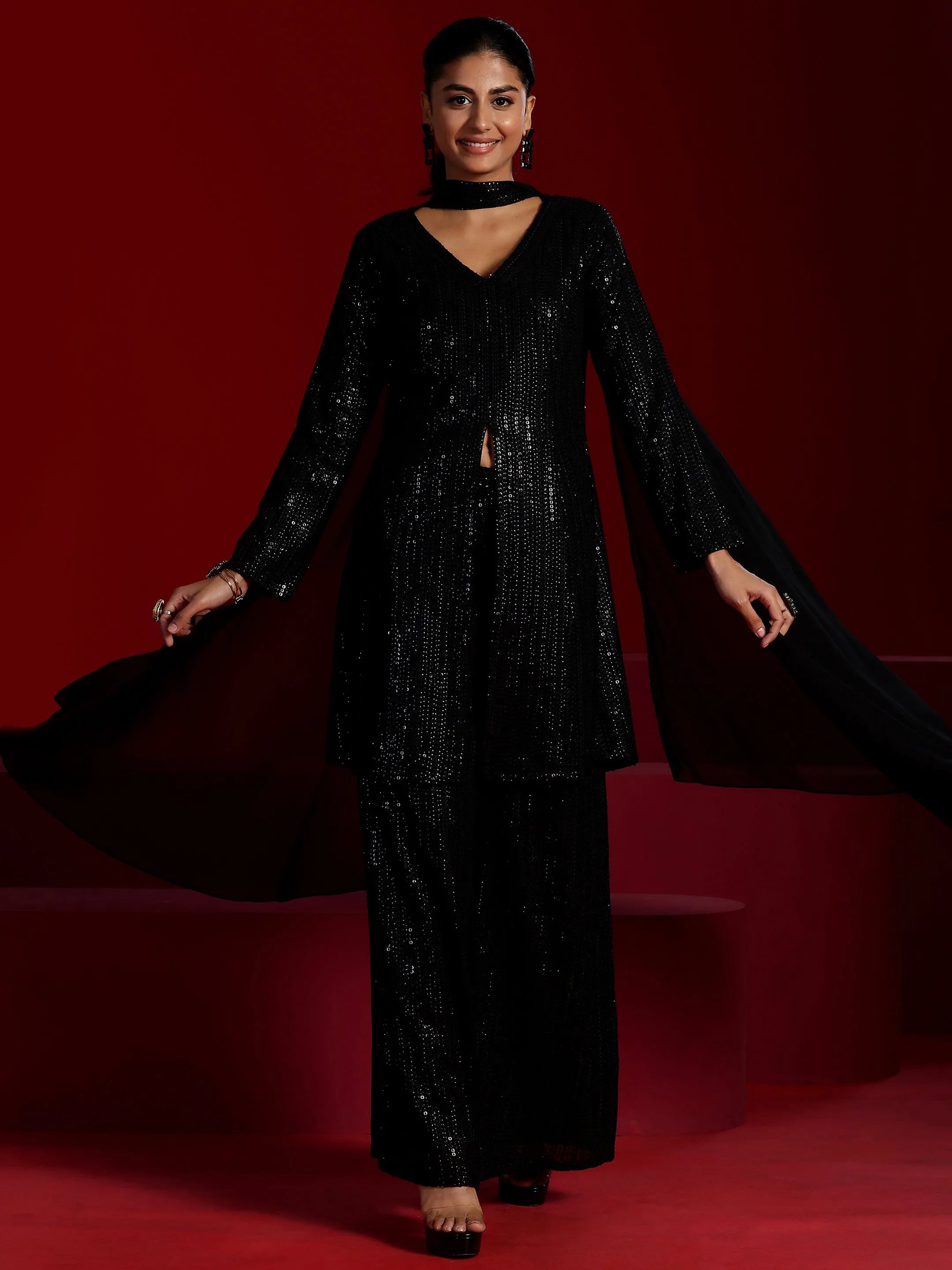 Libas Art Black Embroidered Georgette A-Line Kurta With Palazzos & Dupatta-picture-43