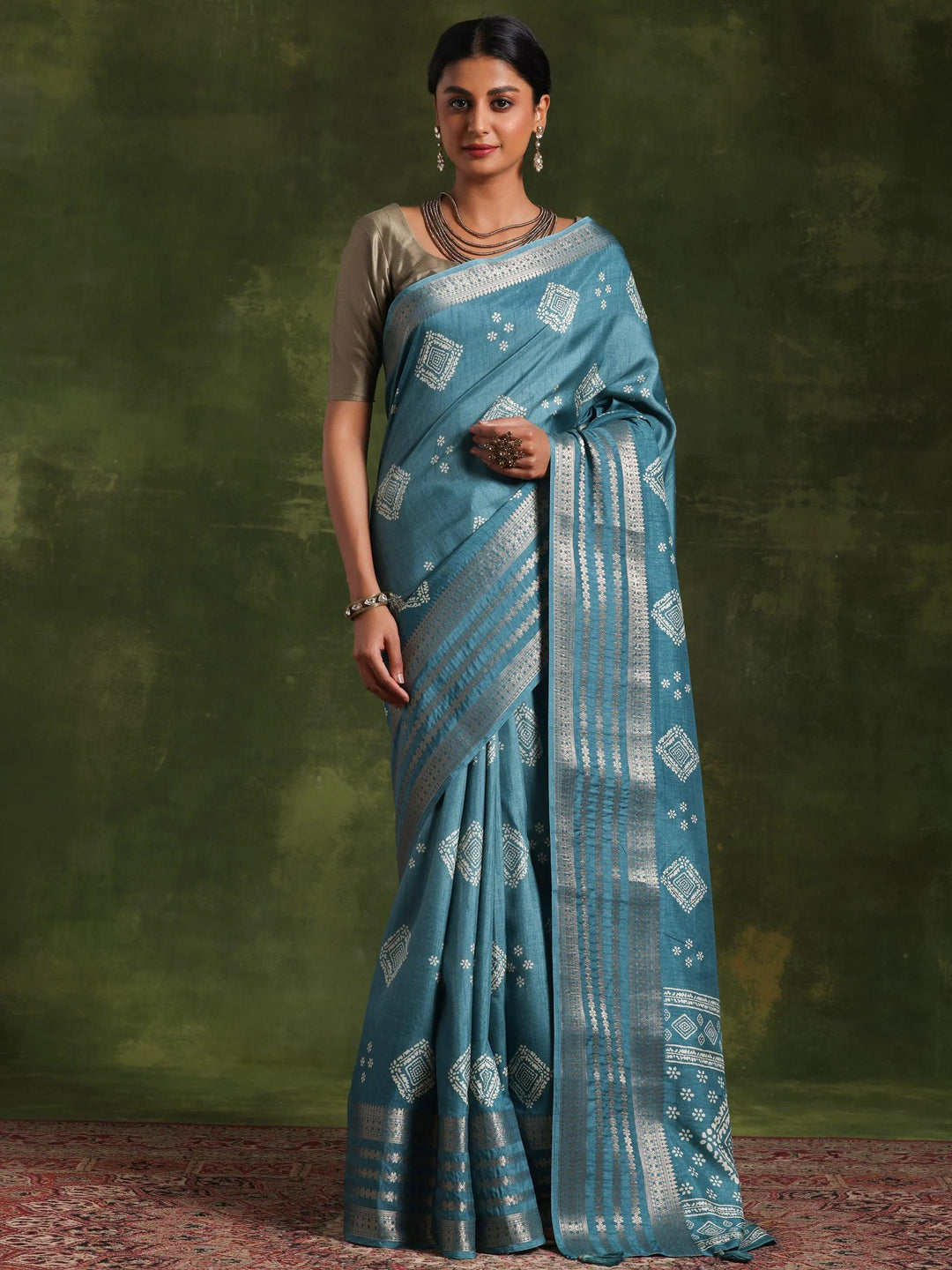 Blue Printed Silk Blend Saree With Unstitched Blouse Piece - Libas 