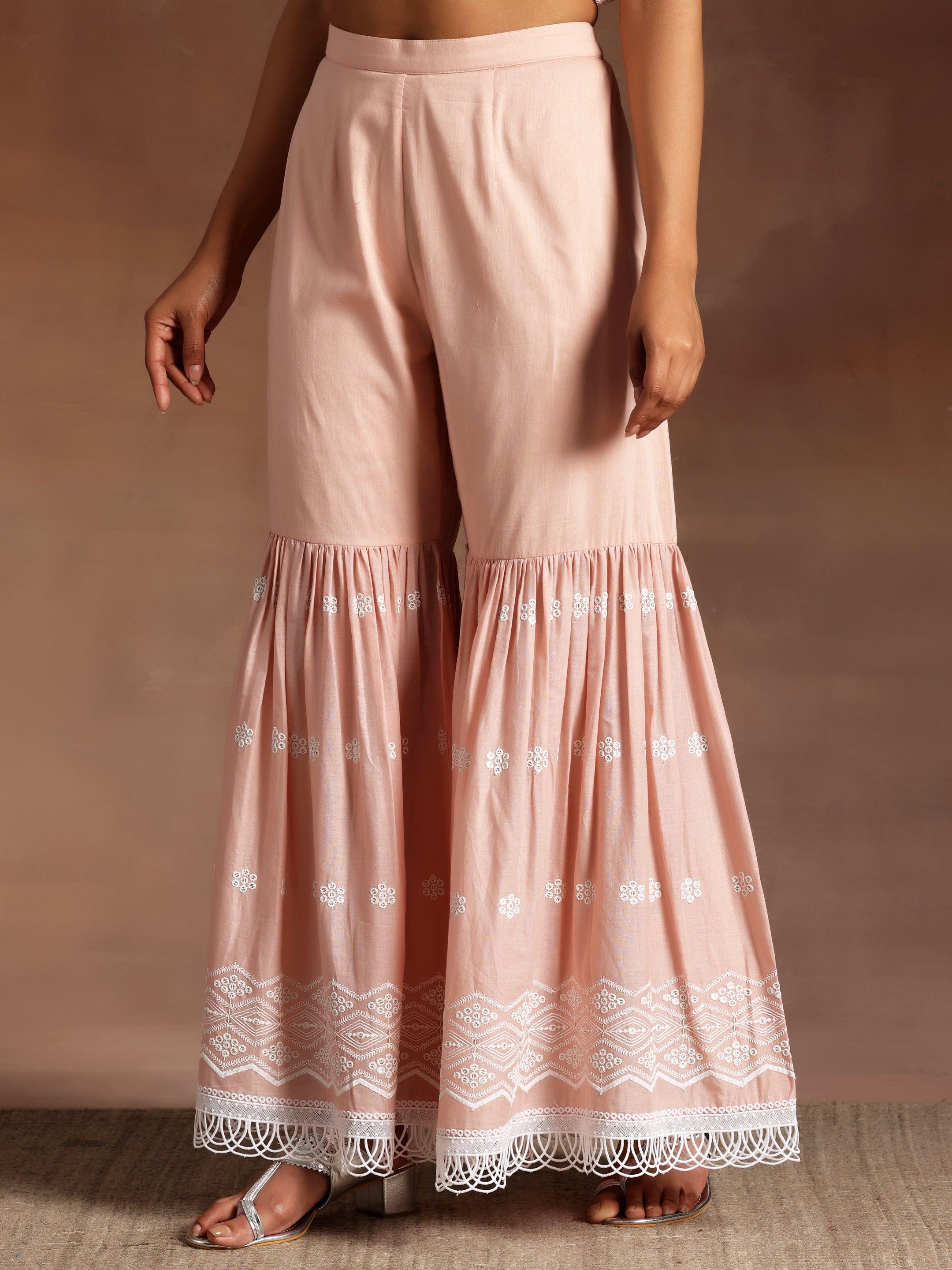 Peach Embroidered Cotton Straight Suit With Dupatta