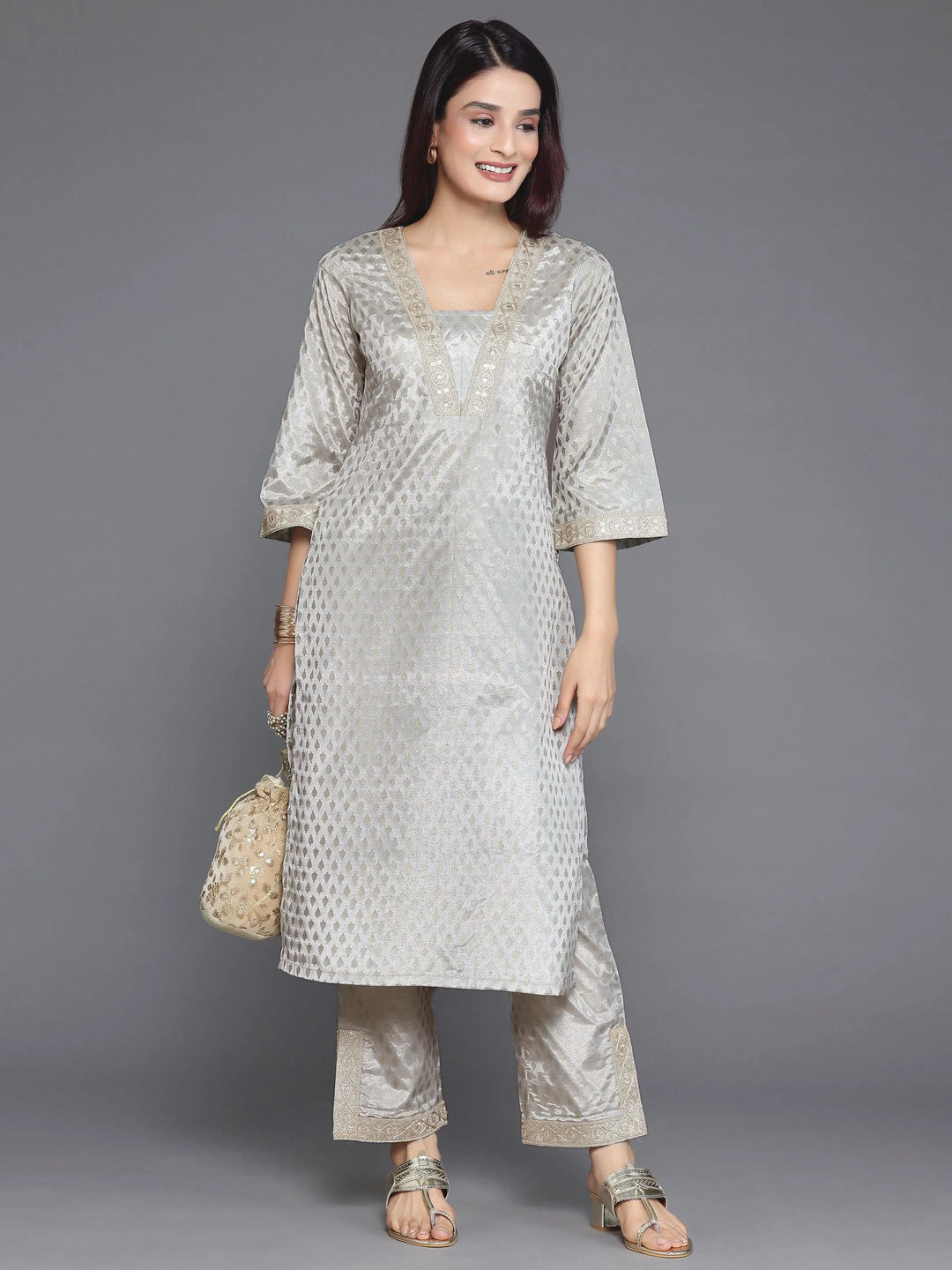 Grey Printed Silk Blend Straight Kurta Set - Libas 