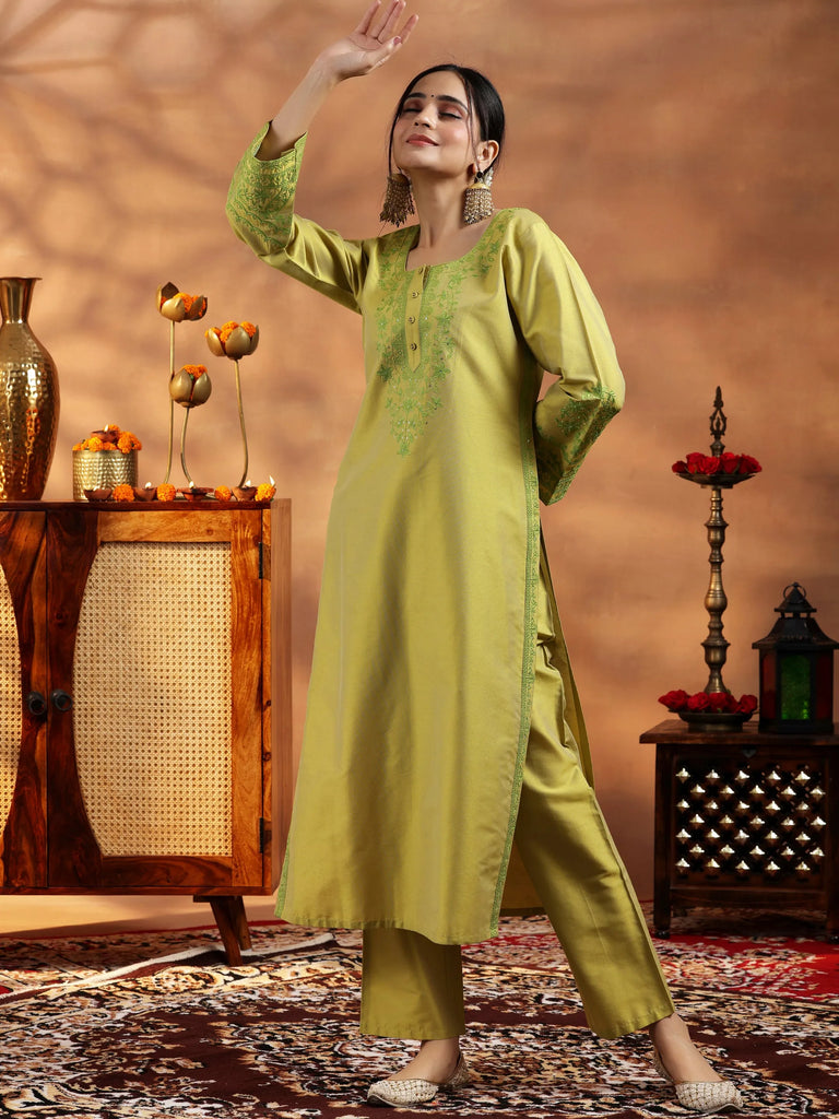 Libas Green Embroidered Silk Blend Straight Kurta Set