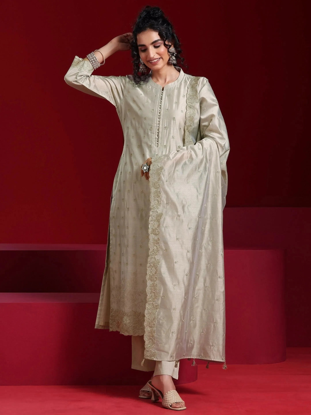  Libas Art Grey Embroidered Chanderi Silk Straight Suit With Dupatta 