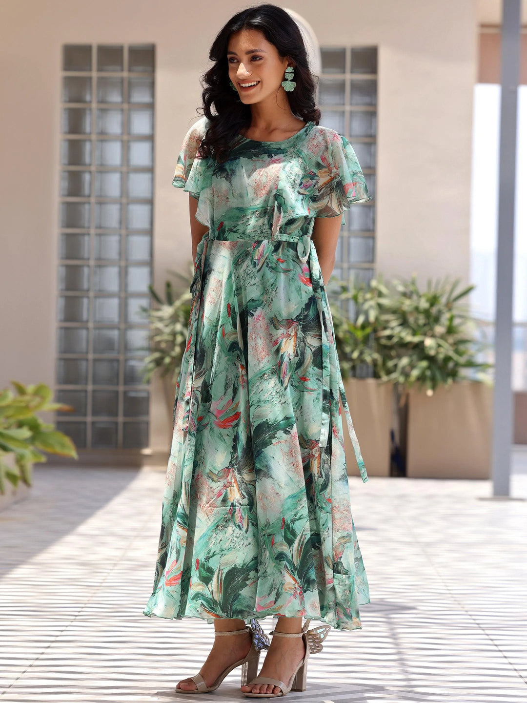 Green Printed Chiffon A-Line Dress With Belt - Libas 