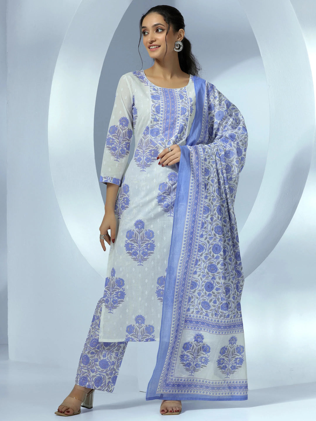  Off White Printed Cotton Straight Suit With Dupatta 
