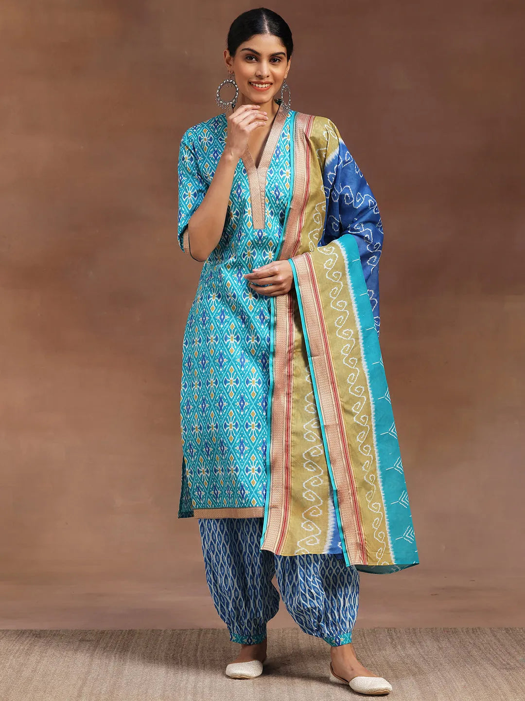  Blue Printed Cotton Straight Suit With Dupatta 
