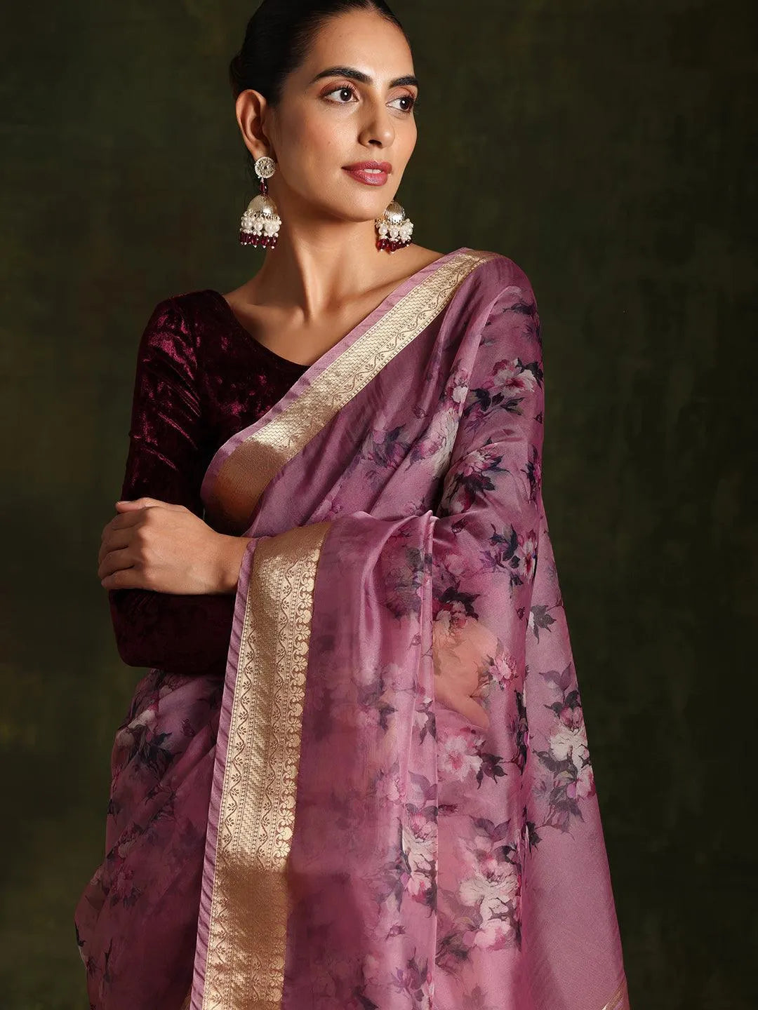 Purple Printed Organza Saree With Unstitched Blouse Piece - Libas 