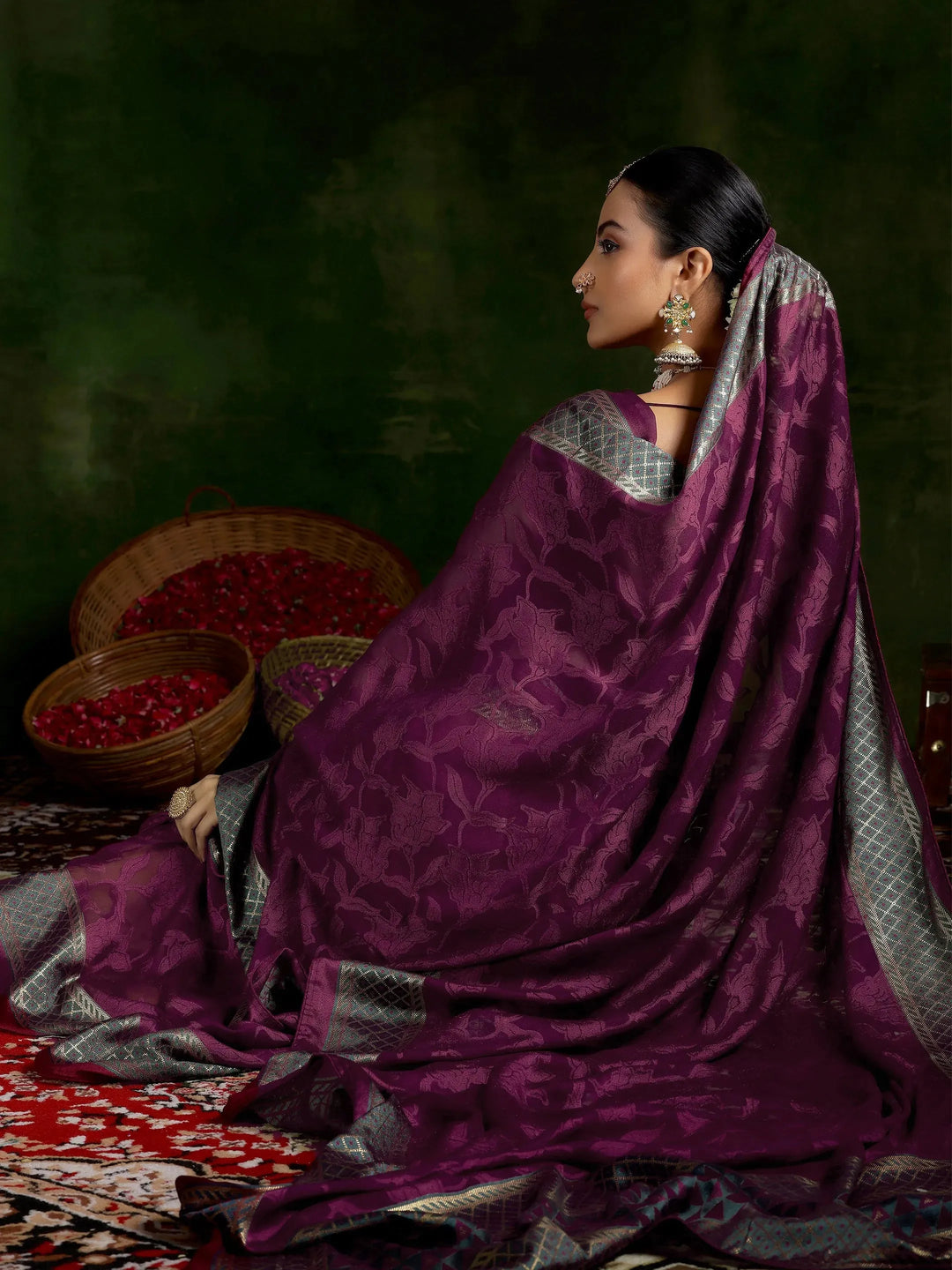  Wine Printed Silk Blend Saree With Unstitched Blouse Piece 