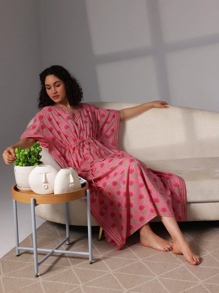Pink Printed Cotton Kaftan Night Dress - Libas