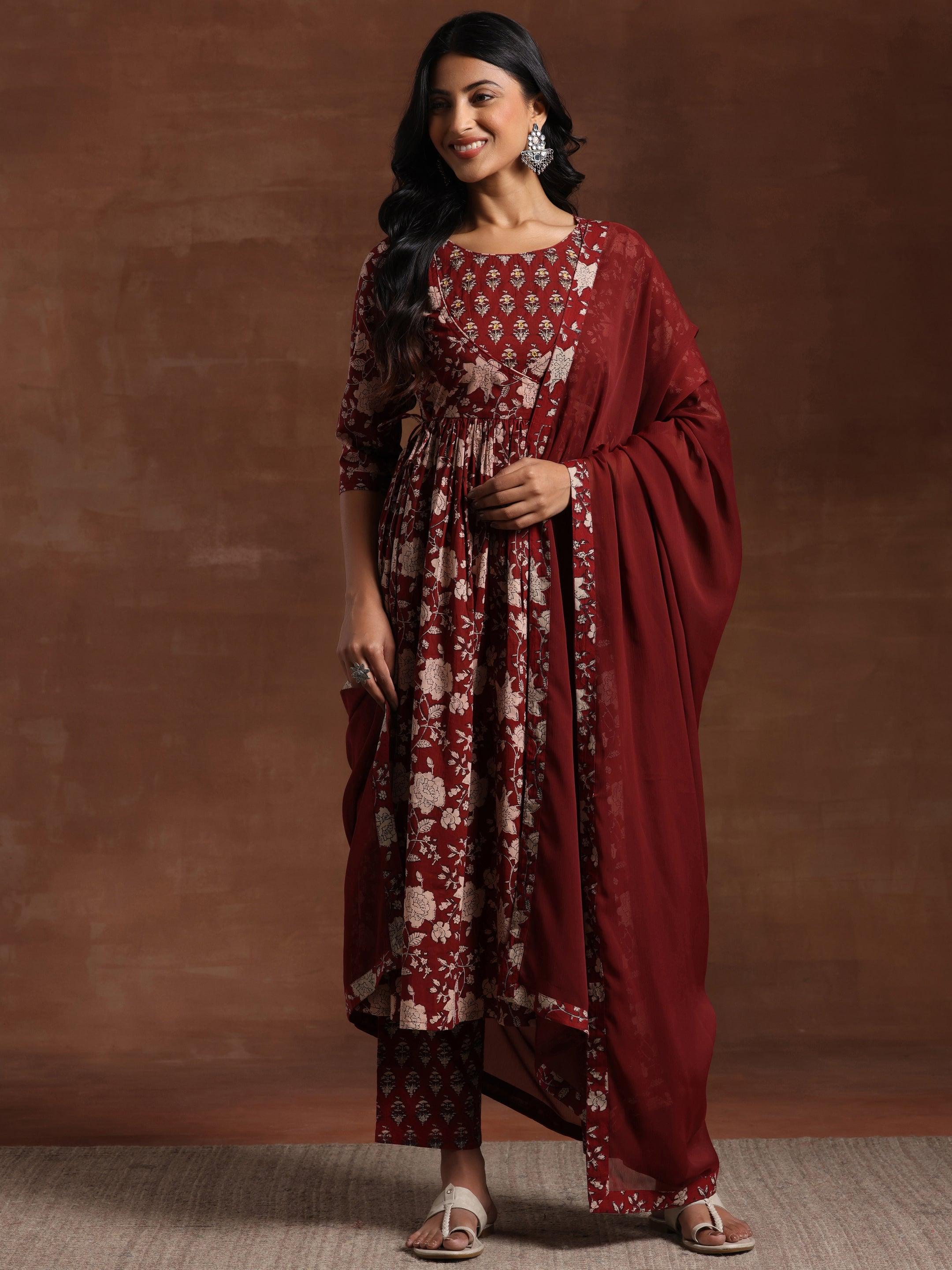 Maroon Printed Pure Cotton Anarkali Suit With Dupatta