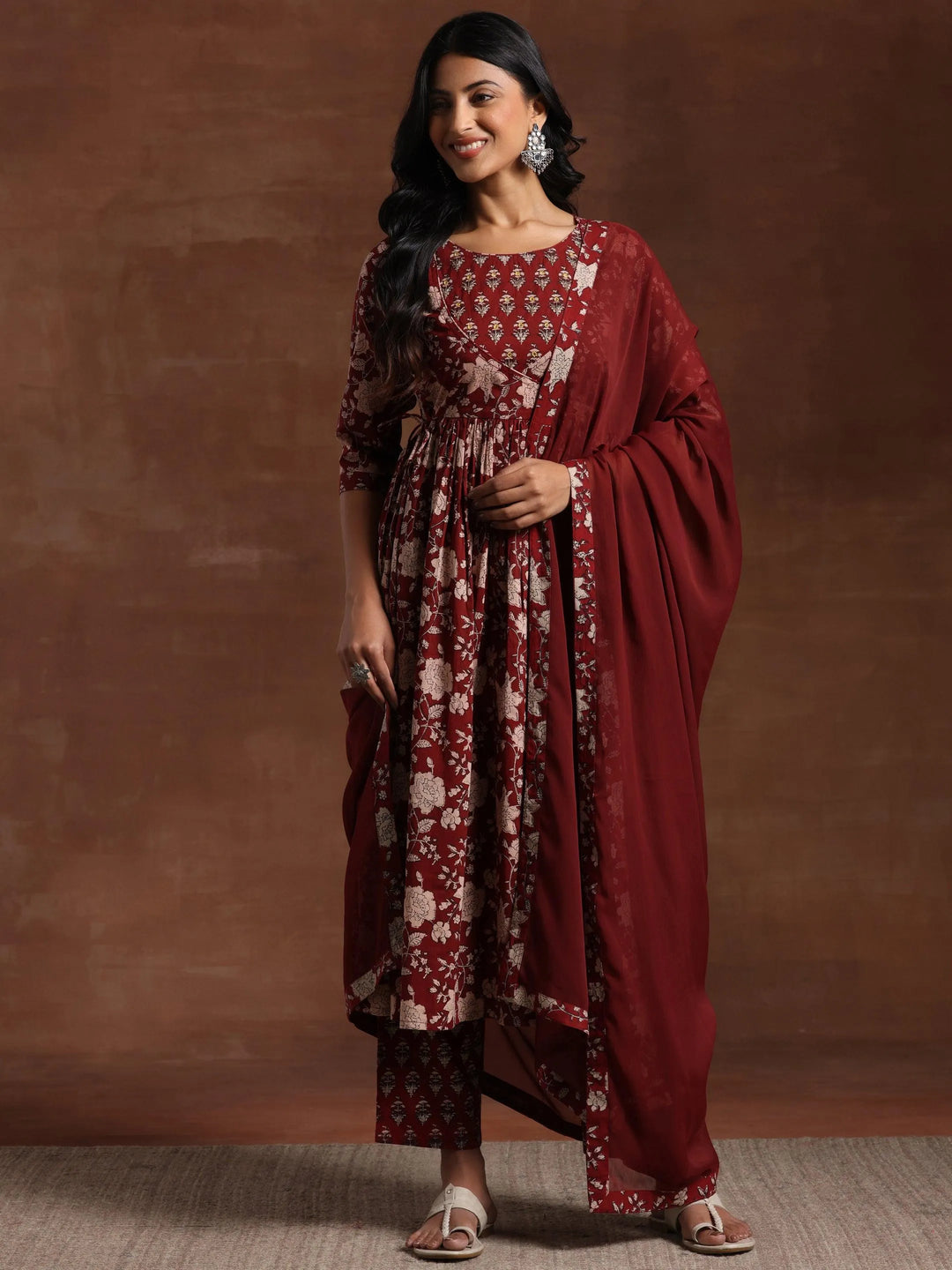 Maroon Printed Pure Cotton Anarkali Suit With Dupatta - Libas 