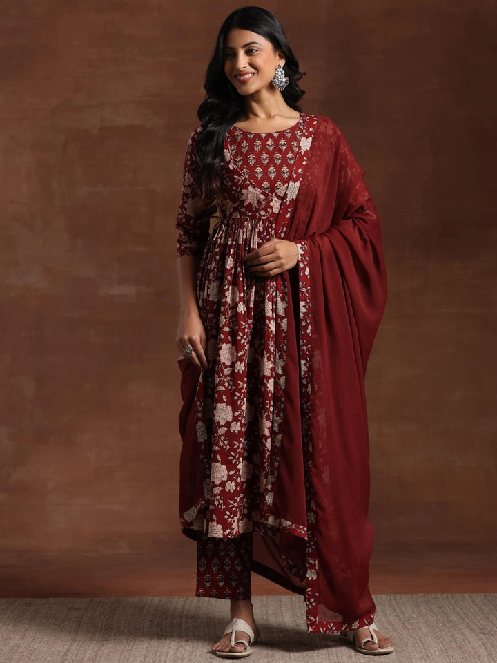 Maroon Printed Pure Cotton Anarkali Suit With Dupatta - Libas