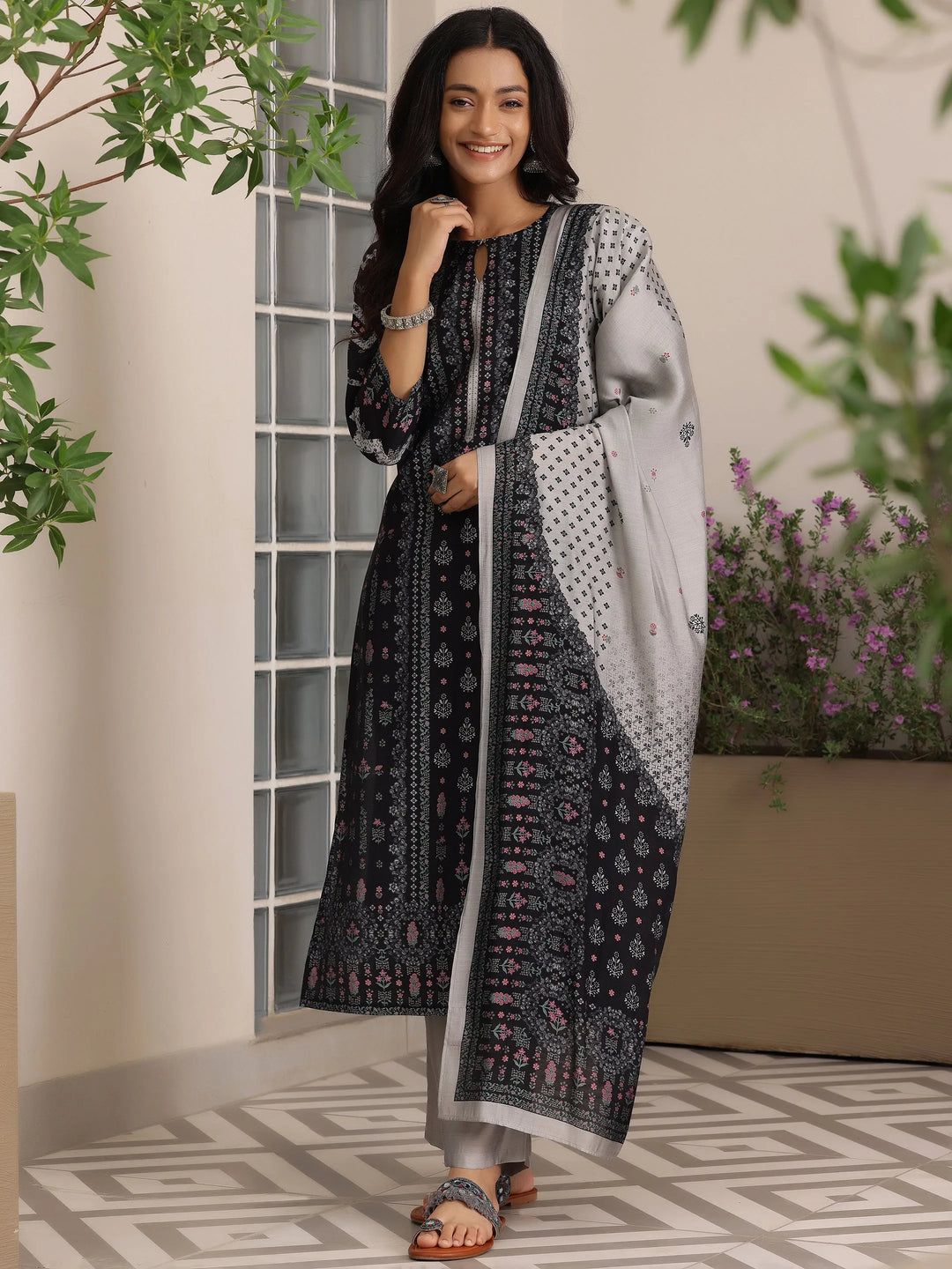  Black Printed Silk Blend Straight Suit With Dupatta 