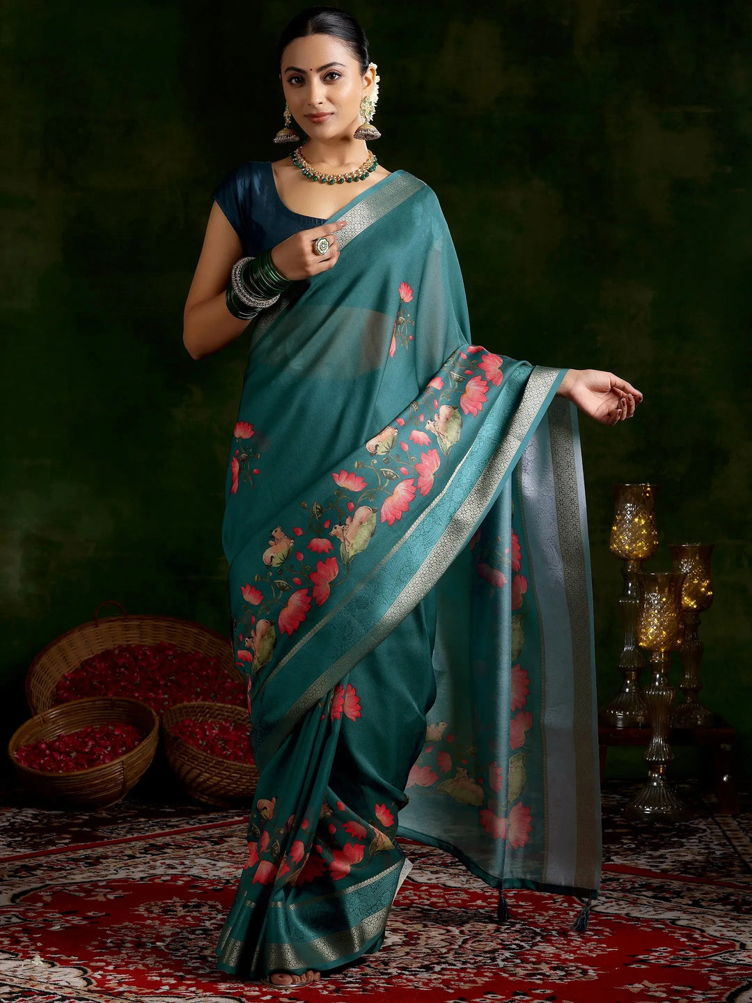  Green Printed Silk Blend Saree With Unstitched Blouse Piece 