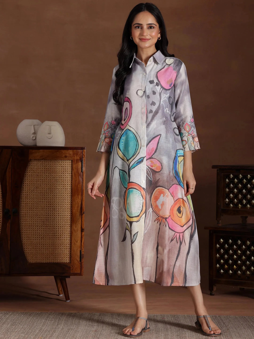  Grey Printed Cotton Blend Shirt Dress 