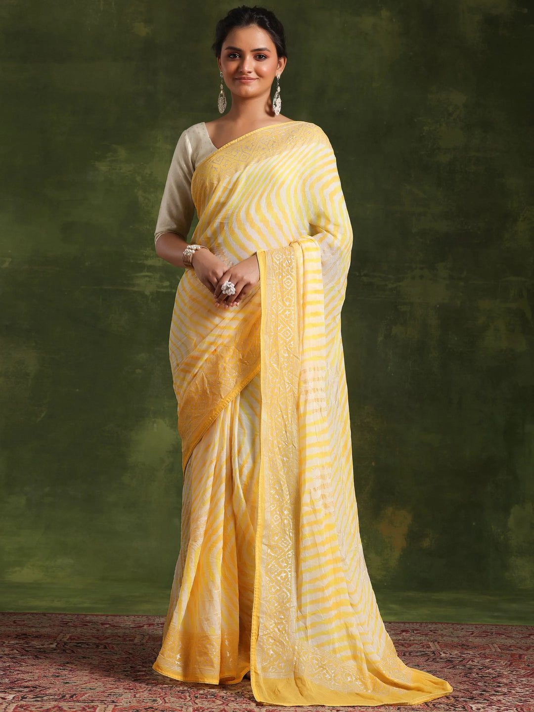 Yellow Printed Poly Georgette Saree With Unstitched Blouse Piece - Libas 