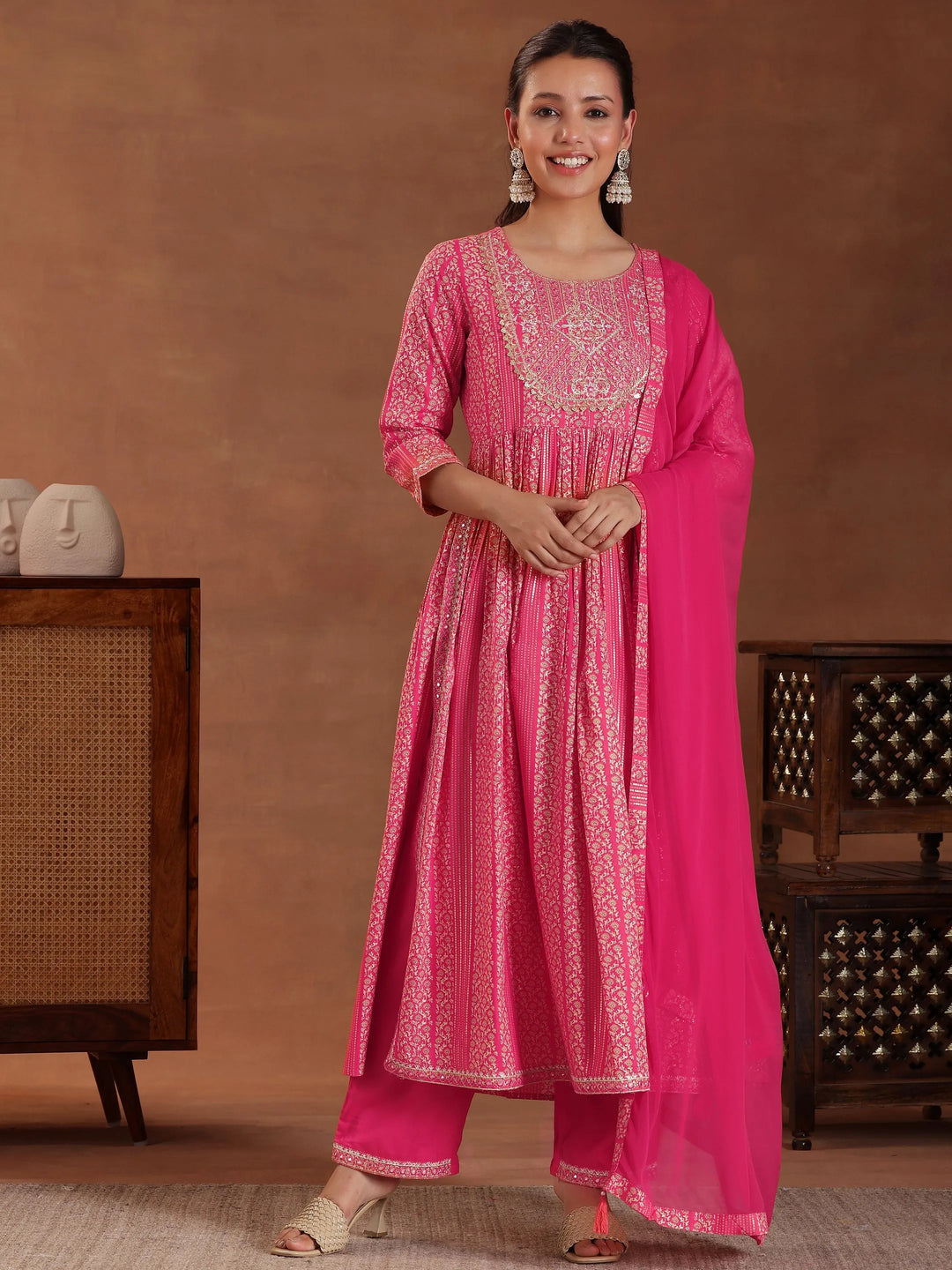  Coral Printed Rayon A-Line Kurta With Sharara & Dupatta 