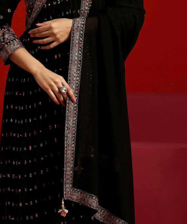 Libas Art Black Embroidered Georgette A-Line Kurta With Palazzos & Dupatta - Libas