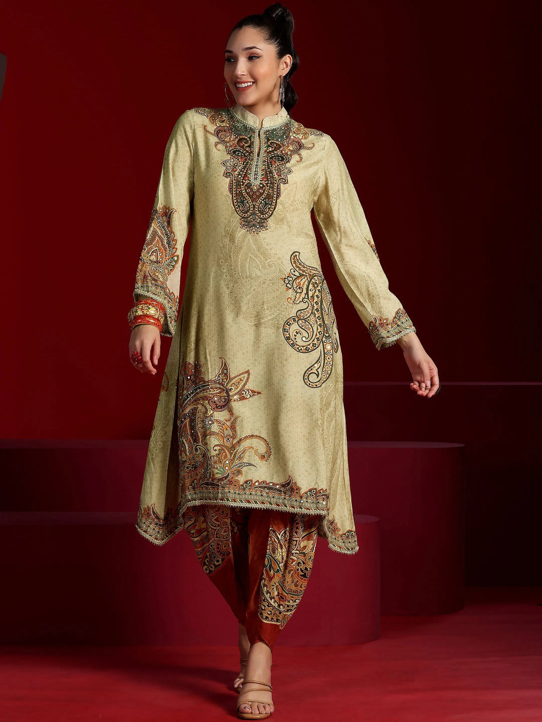  Libas Art Beige Printed Silk Blend Co-Ords 
