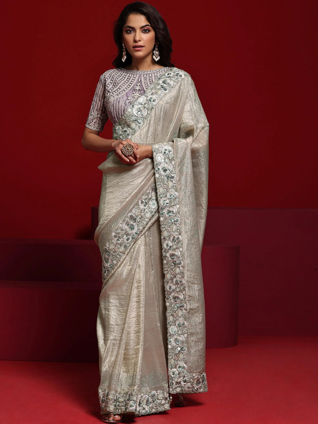 Libas Art Pink Embellished Tissue Saree With Unstitched Blouse Piece - Libas 
