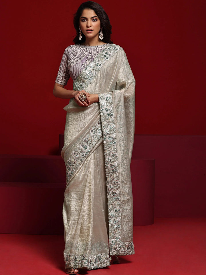 Libas Art Pink Embellished Tissue Saree With Unstitched Blouse Piece - Libas
