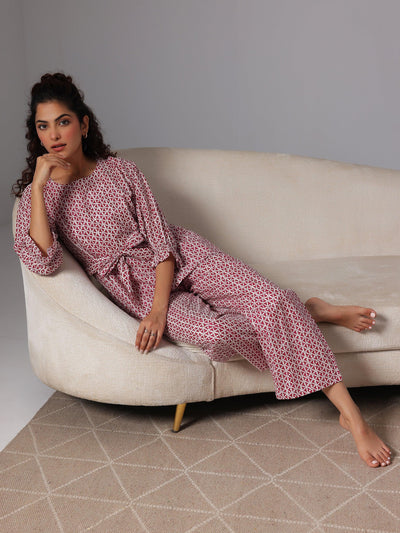Pink Printed Cotton Night Suits - Libas