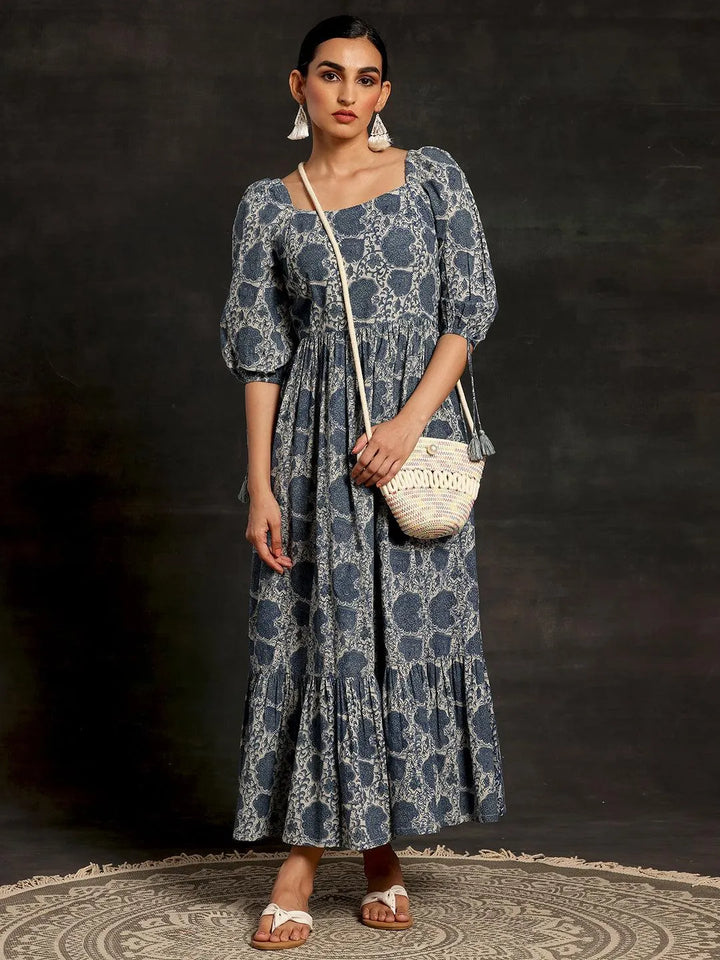 Grey Printed Cotton Fit and Flare Dress - Libas