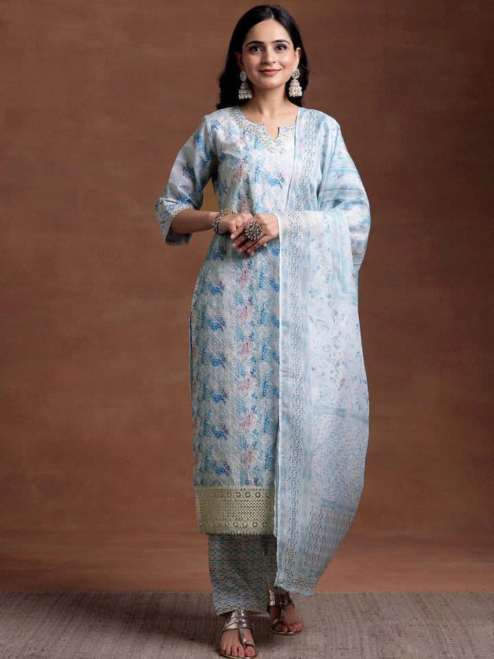 Blue Embroidered Cotton Blend Straight Suit With Dupatta - Libas