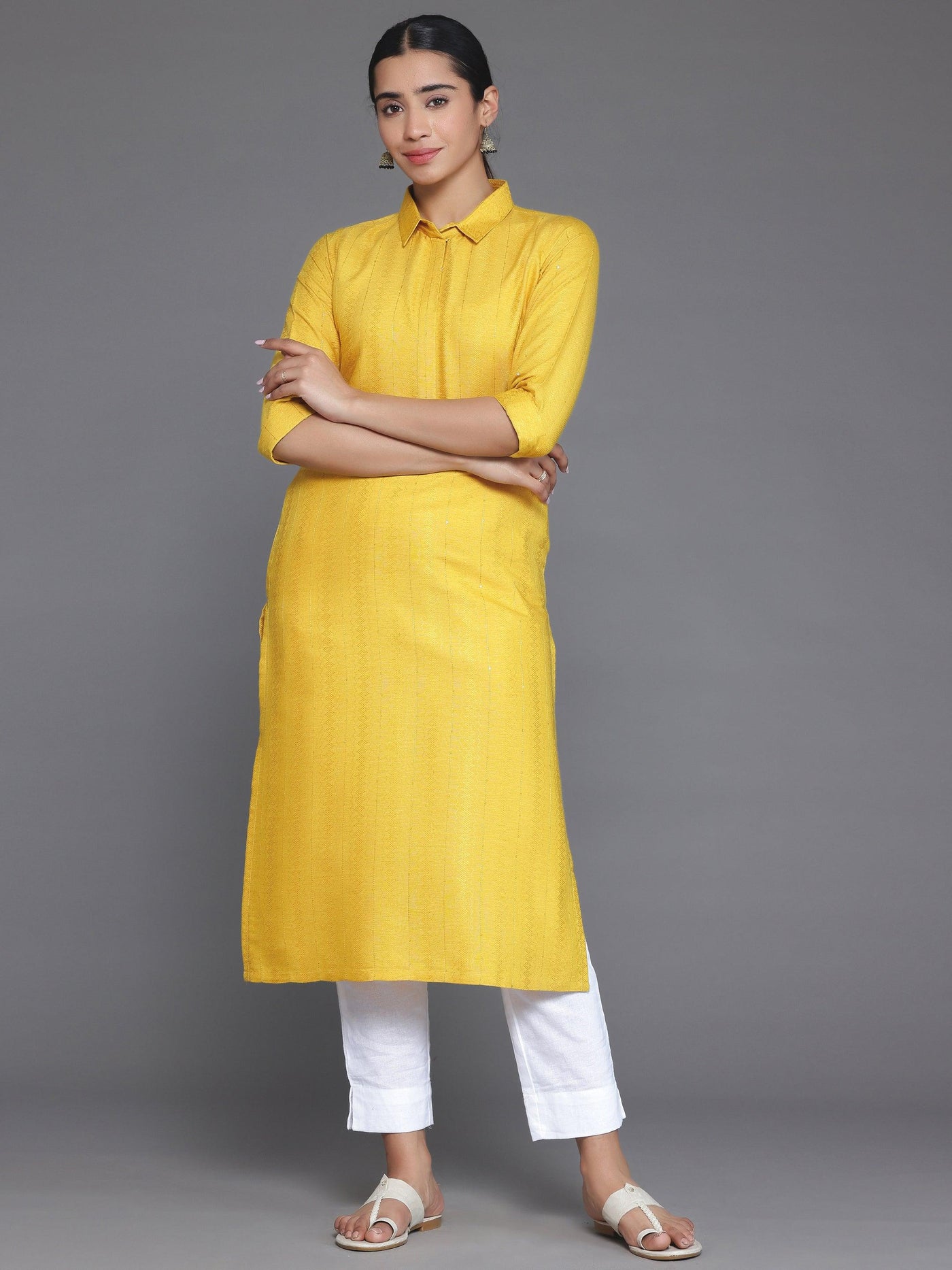 Yellow Woven Design Cotton Straight Kurta - Libas