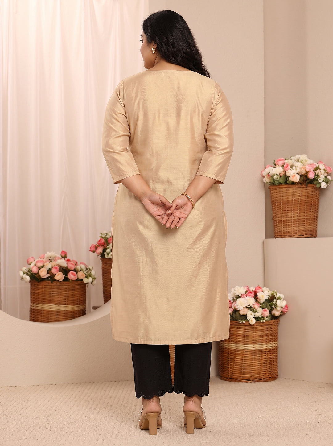  Plus Size Beige Floral Embroidered Chanderi Silk Straight Kurta 
