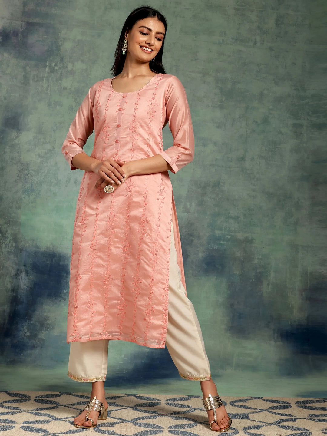  Peach Embroidered Chanderi Silk Straight Kurta 