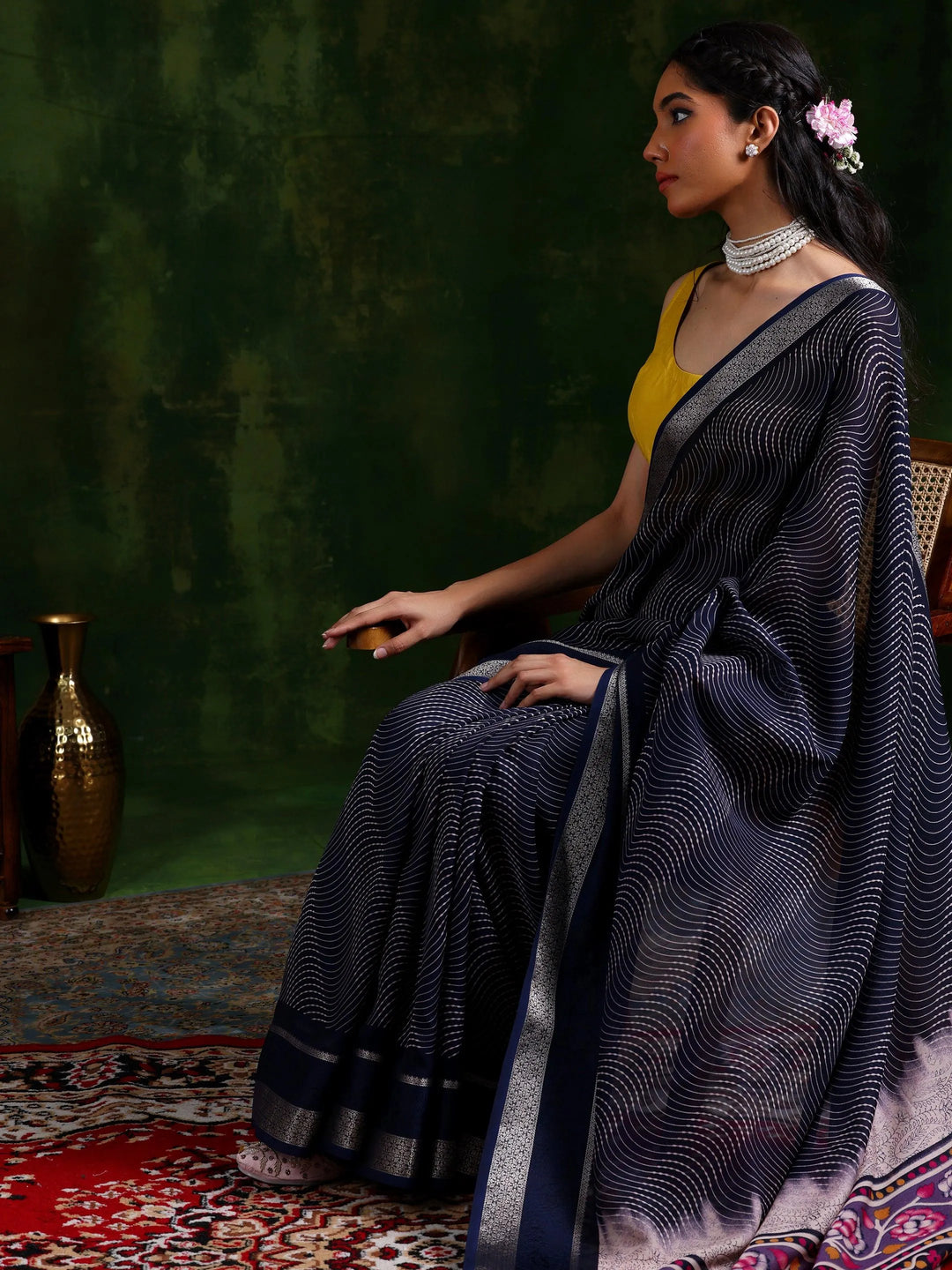 Blue Printed Silk Blend Saree With Unstitched Blouse Piece - Libas 