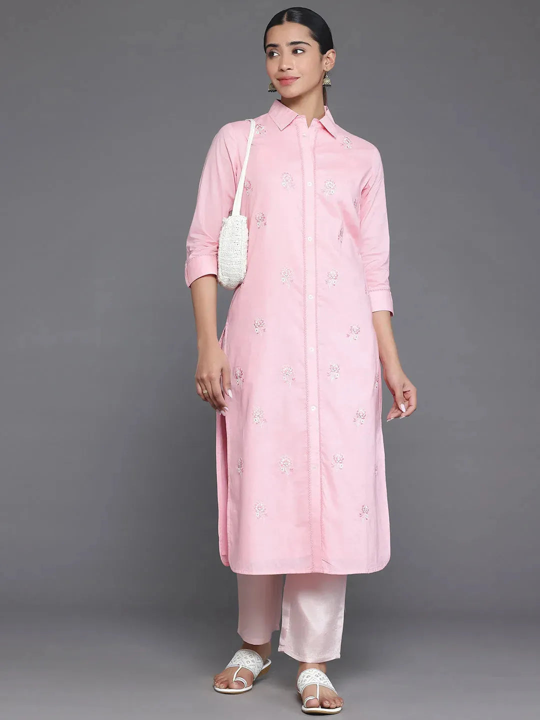  Pink Embroidered Cotton Straight Kurta 