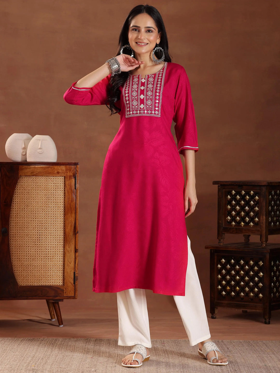 Pink Printed Rayon Straight Kurta - Libas 