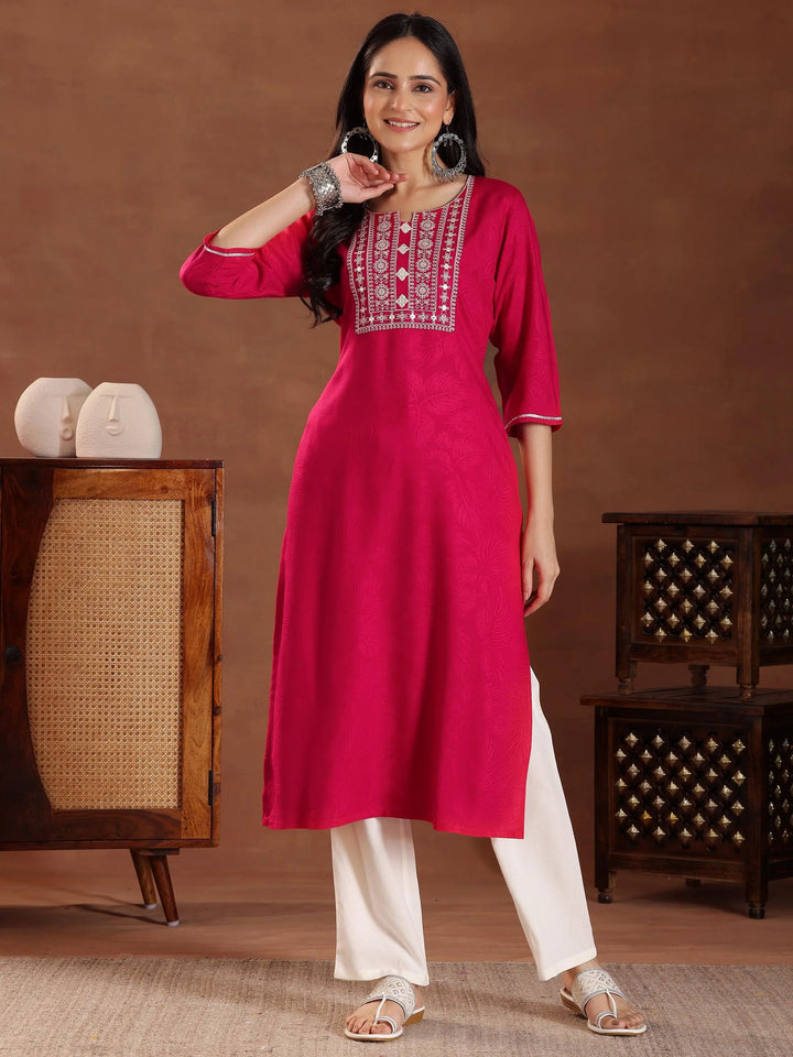 Pink Printed Rayon Straight Kurta - Libas