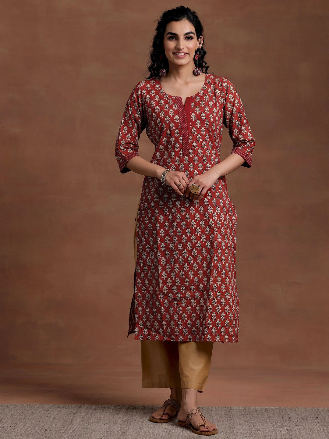 Maroon Printed Cotton Straight Kurta - Libas 