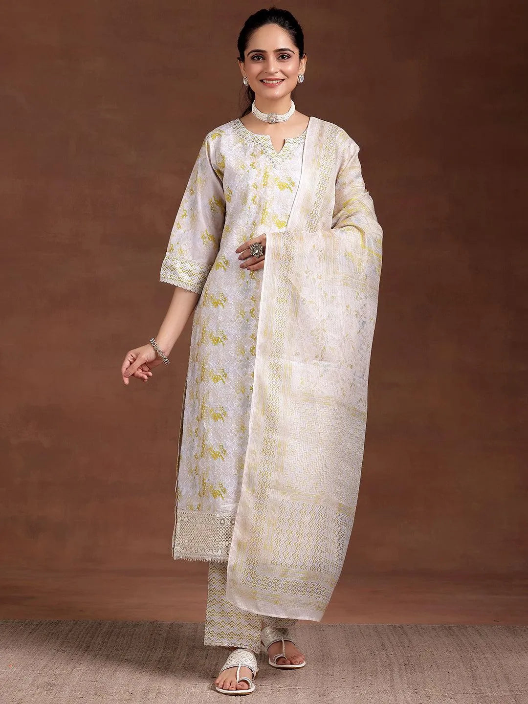 Beige Embroidered Cotton Blend Straight Suit With Dupatta - Libas 