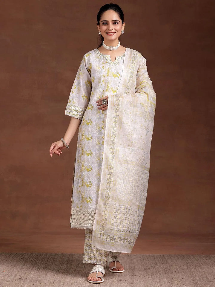 Beige Embroidered Cotton Blend Straight Suit With Dupatta - Libas