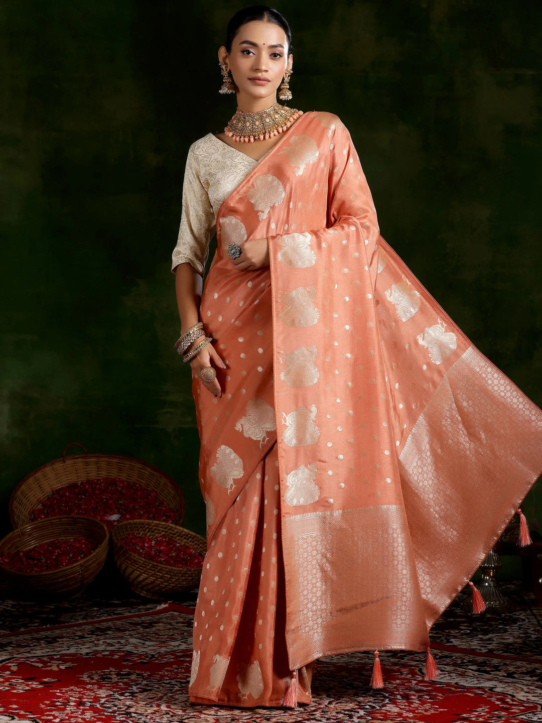  Peach Woven Design Silk Blend Saree With Unstitched Blouse Piece 