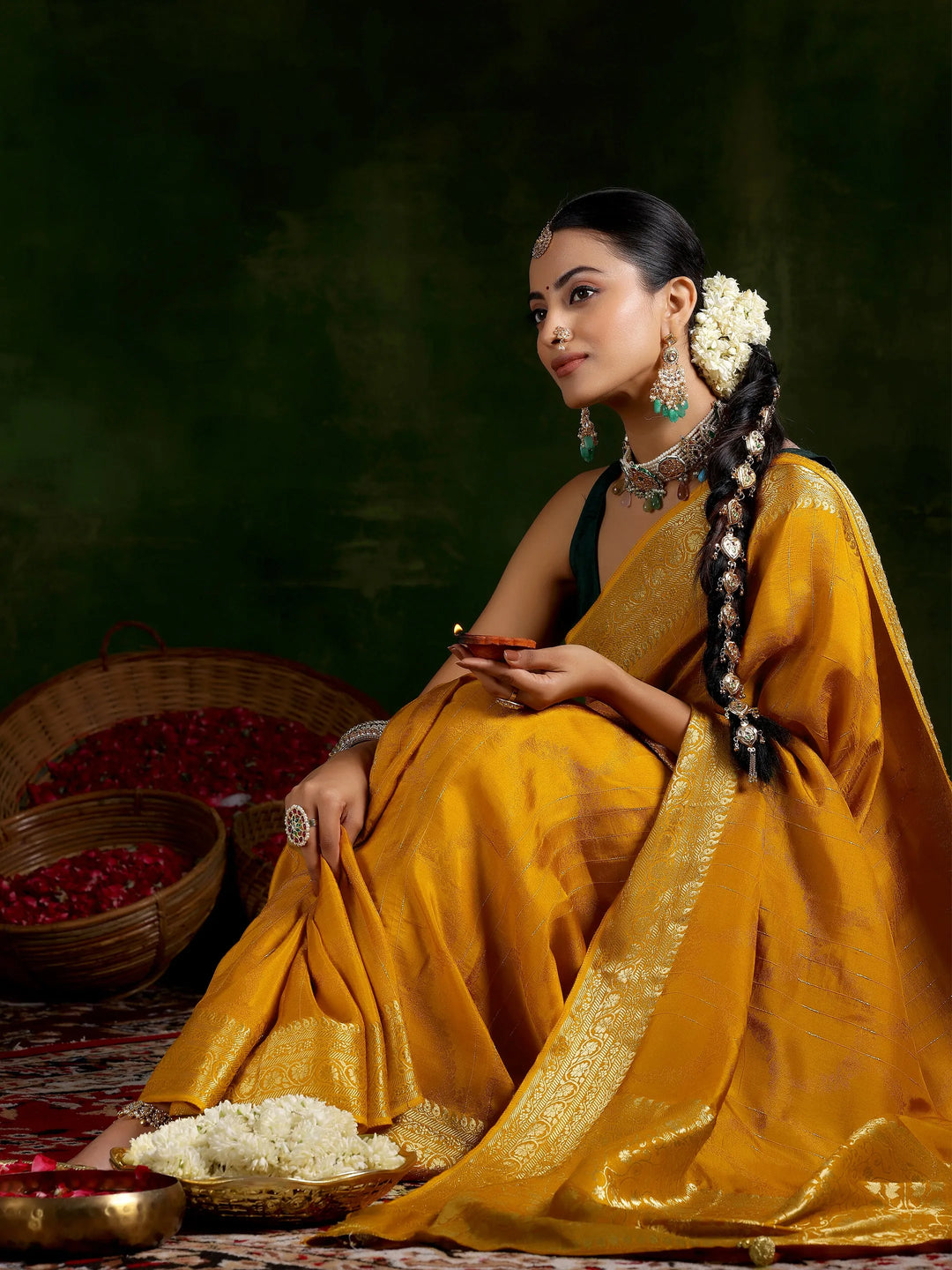  Mustard Woven Design Silk Blend Saree With Unstitched Blouse Piece 