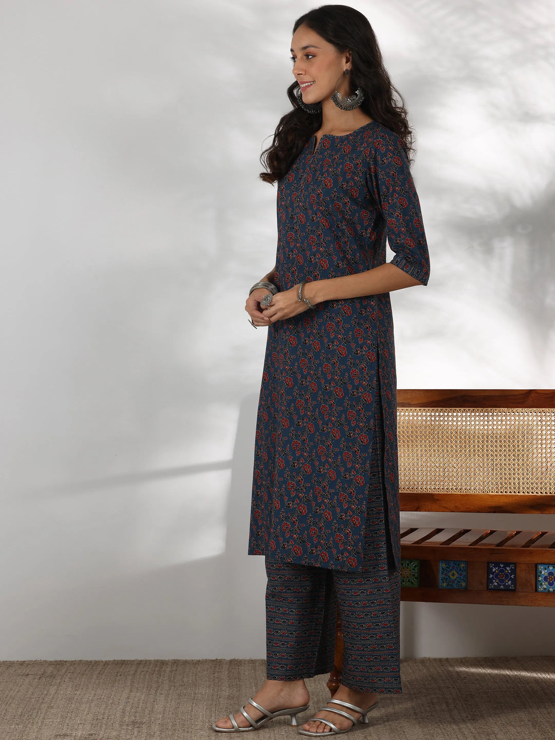  Blue Printed Cotton Straight Suit With Dupatta 