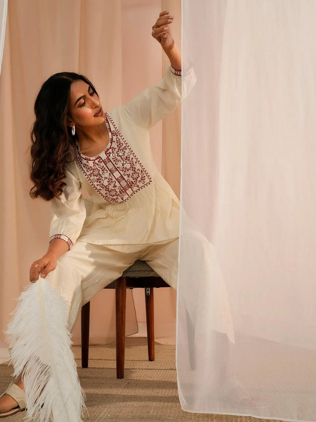 Off White Yoke Design Cotton A-Line Kurti - Libas 