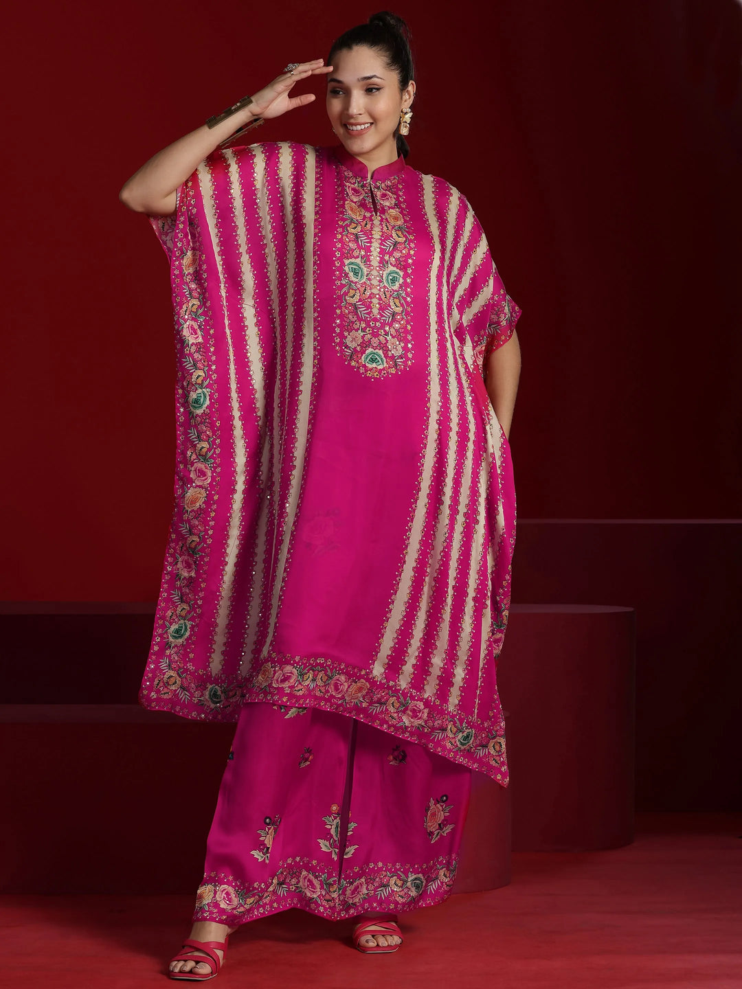  Libas Art Pink Printed Silk Blend Kaftan Kurta With Palazzo 