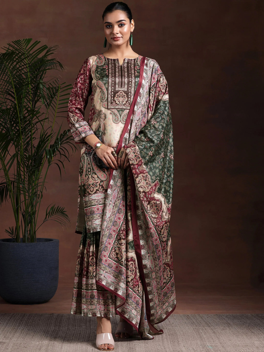  Beige Printed Silk Blend Straight Suit With Dupatta 