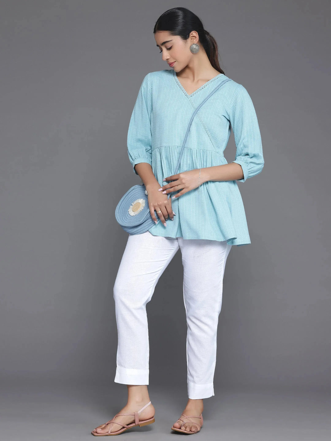  Blue Woven Design Cotton Blend A-Line Kurti 