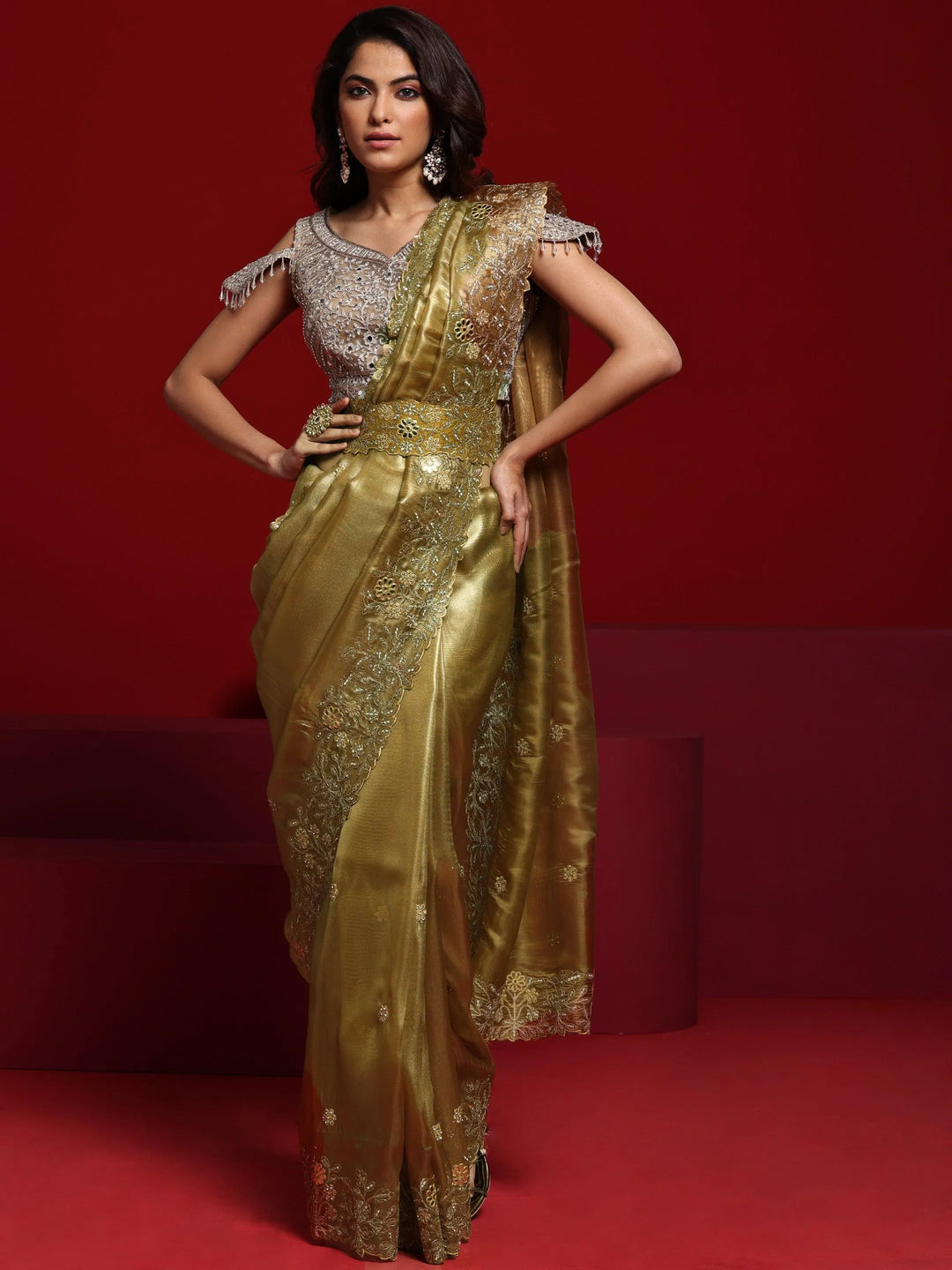 Libas Art Mustard Embroidered Silk Blend Saree With Unstitched Blouse Piece - Libas 