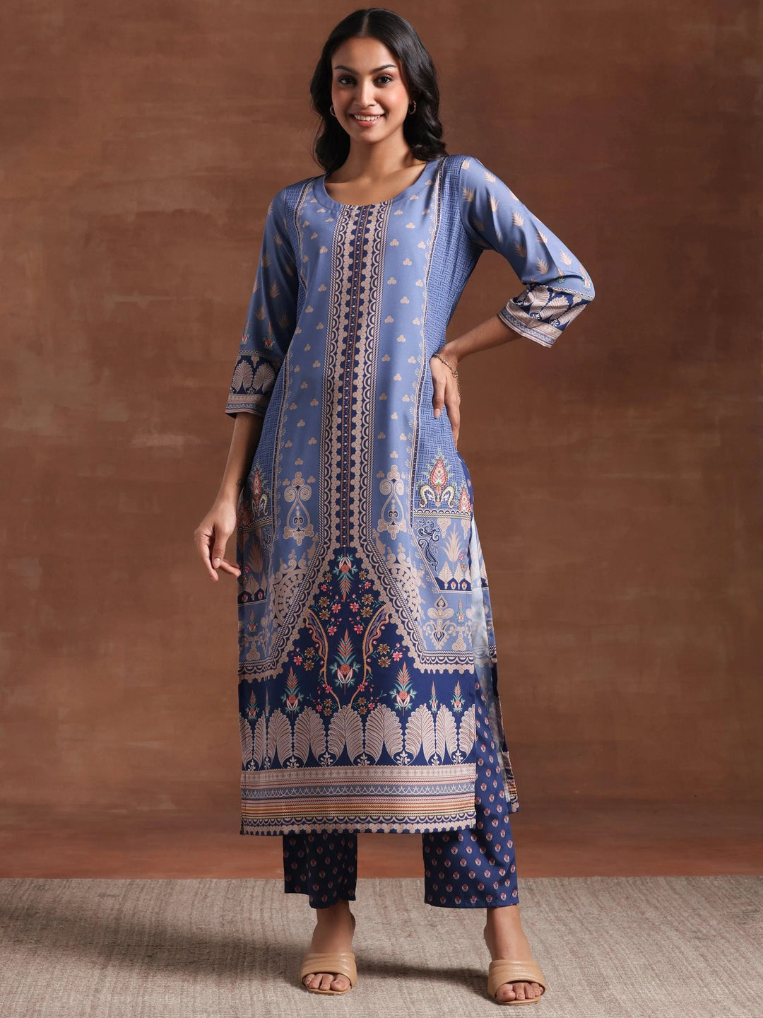 Blue Printed Crepe Straight Kurta Set - Libas