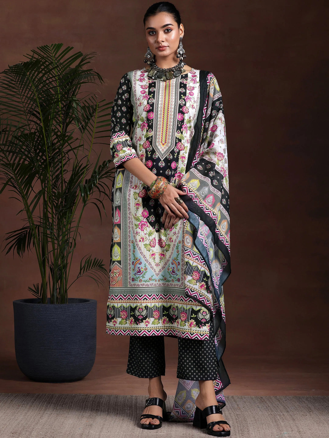  Black Printed Poly Crepe Straight Suit With Dupatta 