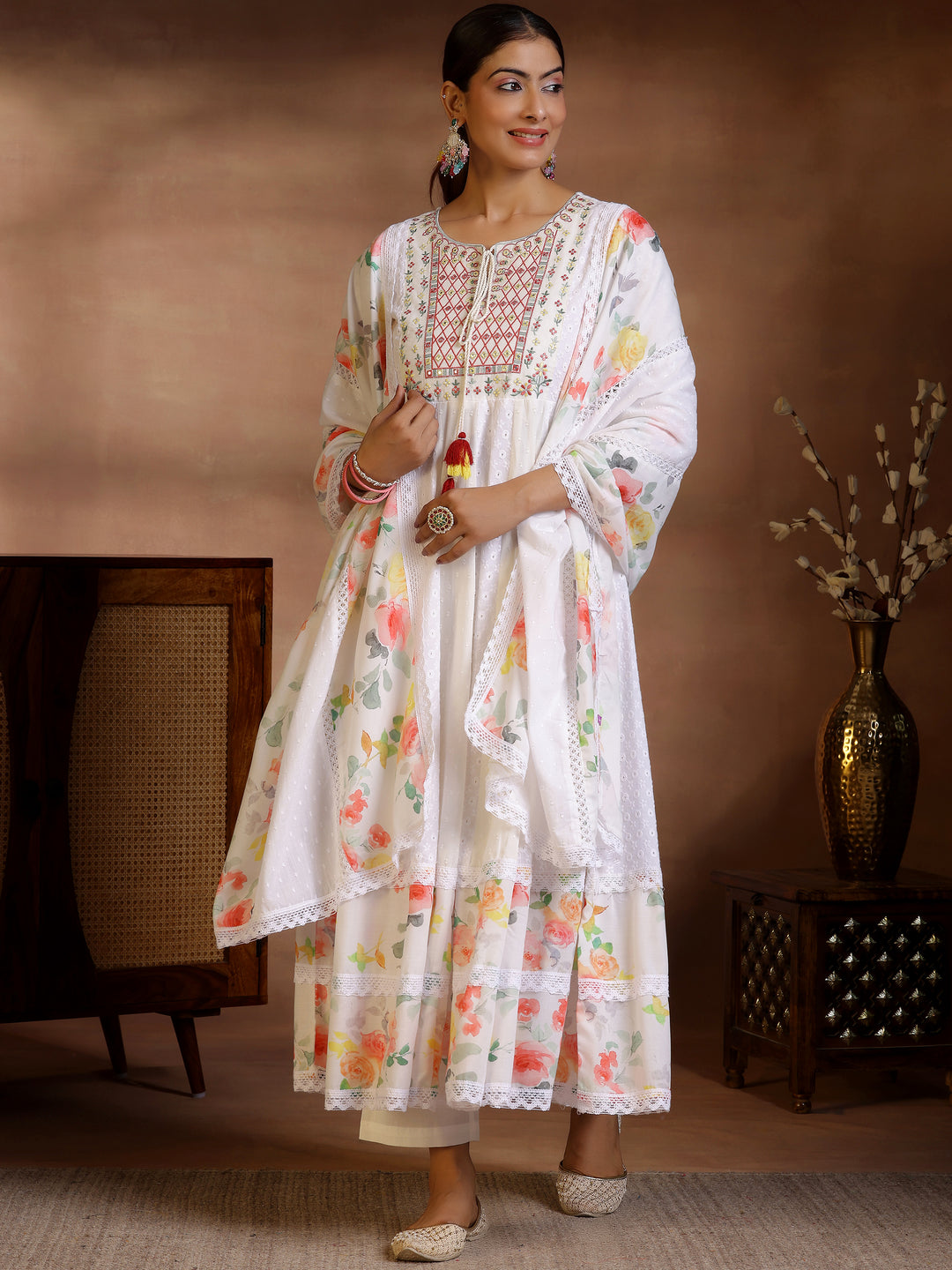  White Self Design Cotton Anarkali Suit With Dupatta 