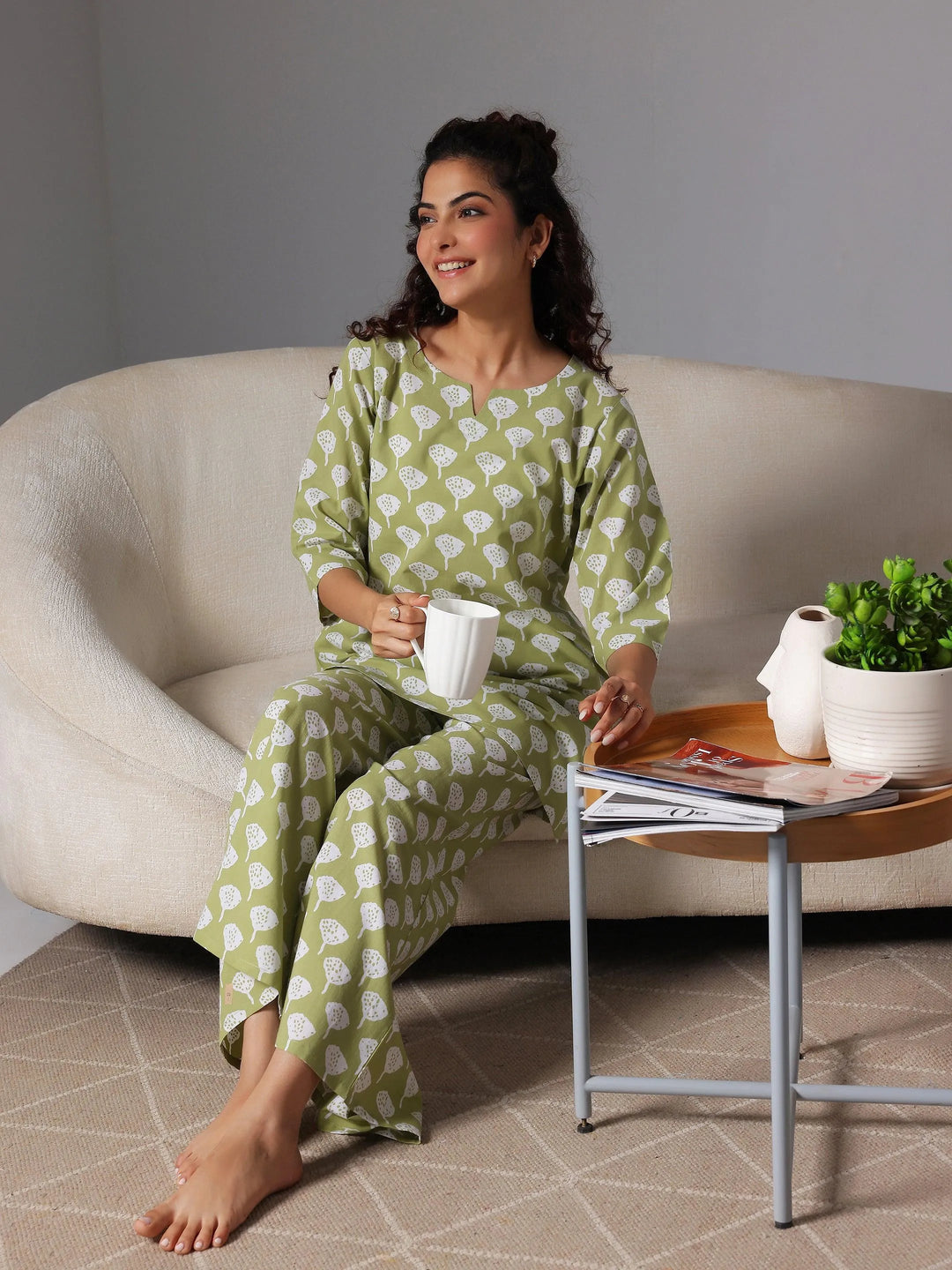 Green Printed Cotton Night Suits - Libas 
